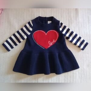 BABY GAP Navy Sweater Dress with Red Heart and Striped Sleeves